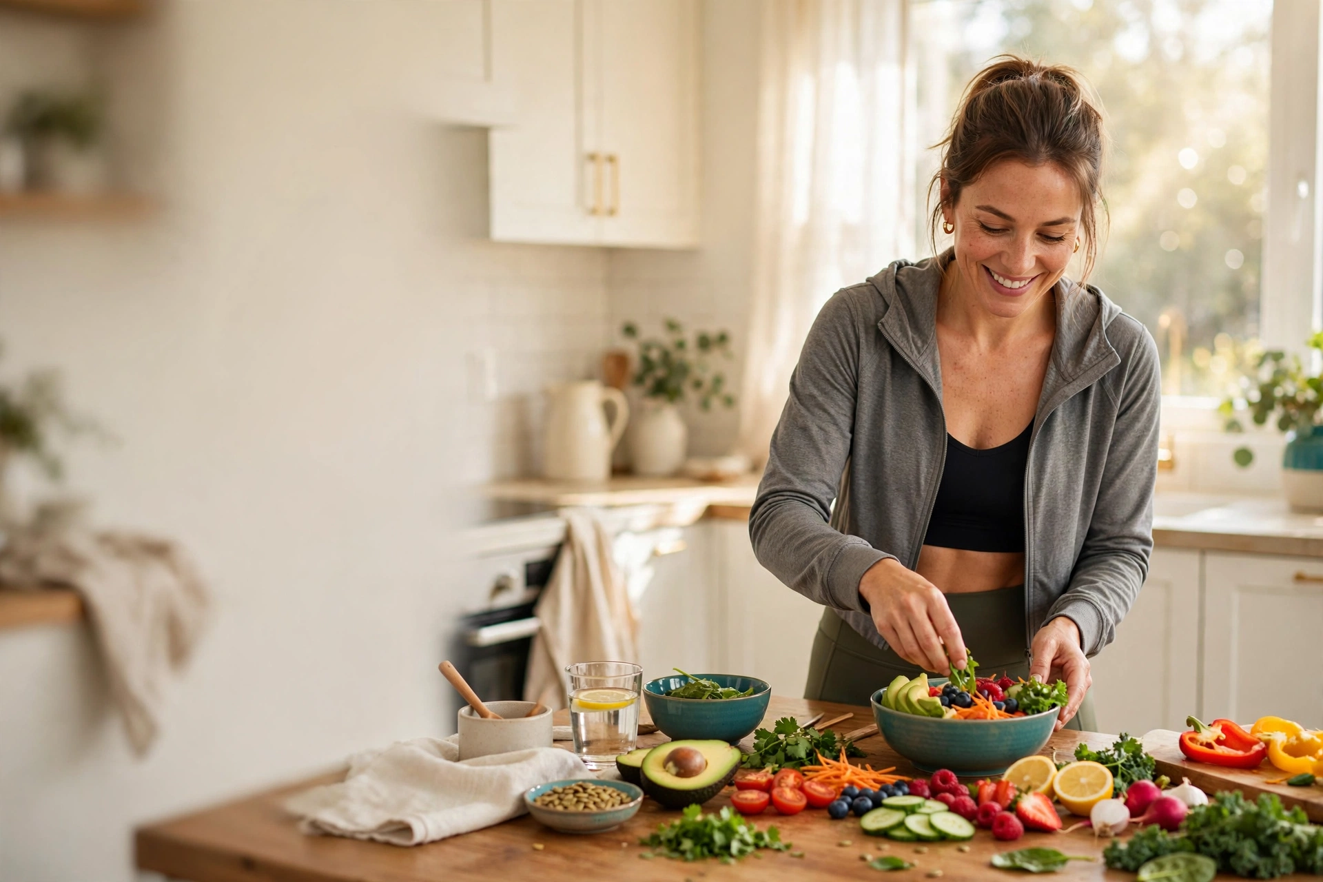 A mom prepping colourful healthy meal bowls in a bright kitchen