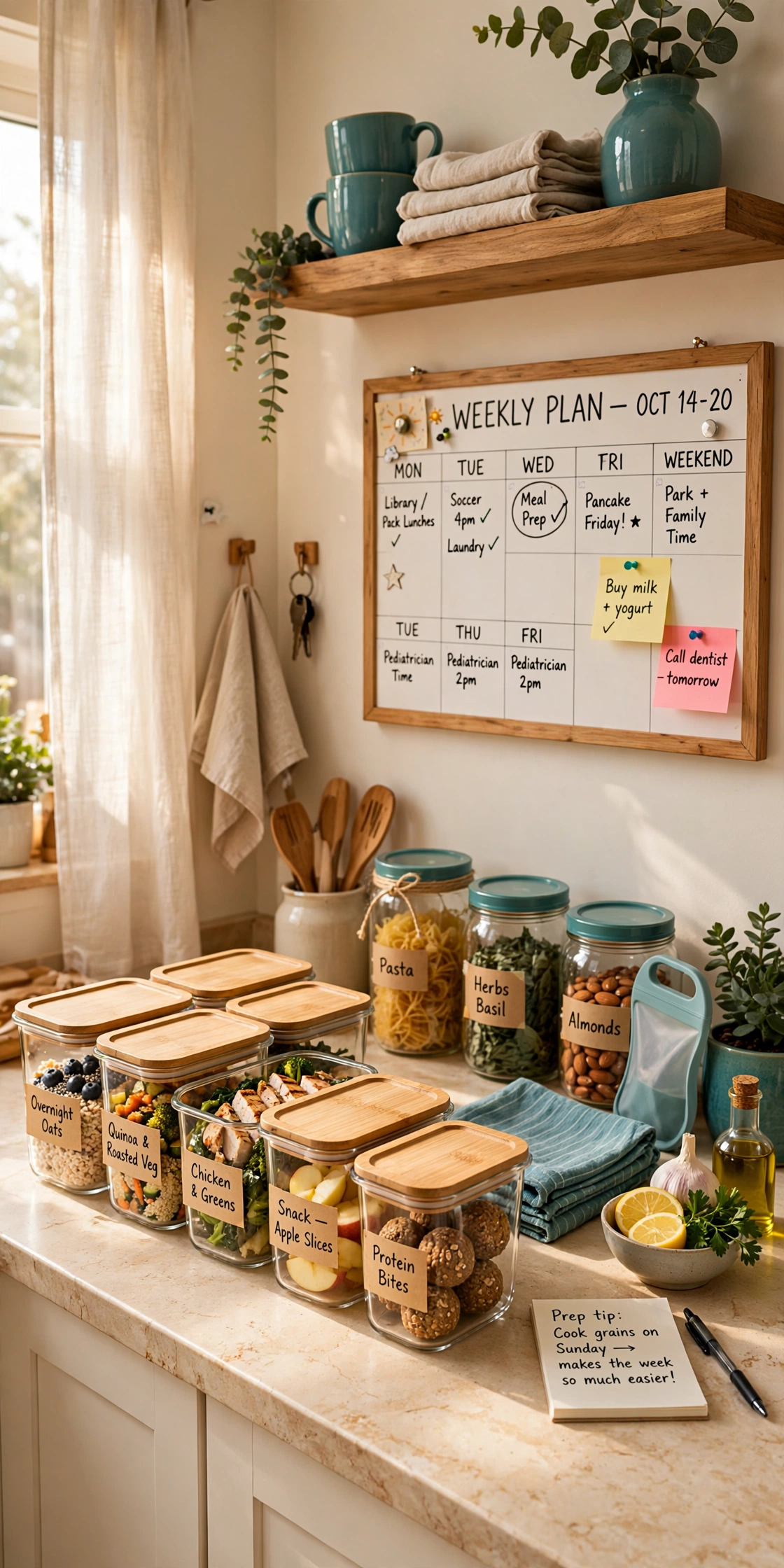Organized family kitchen with meal prep